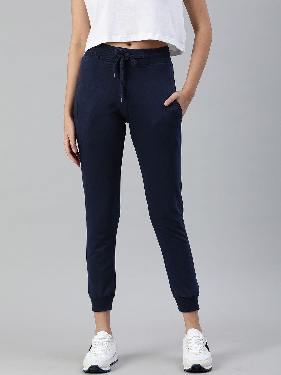 adbucks women navy blue solid running joggers