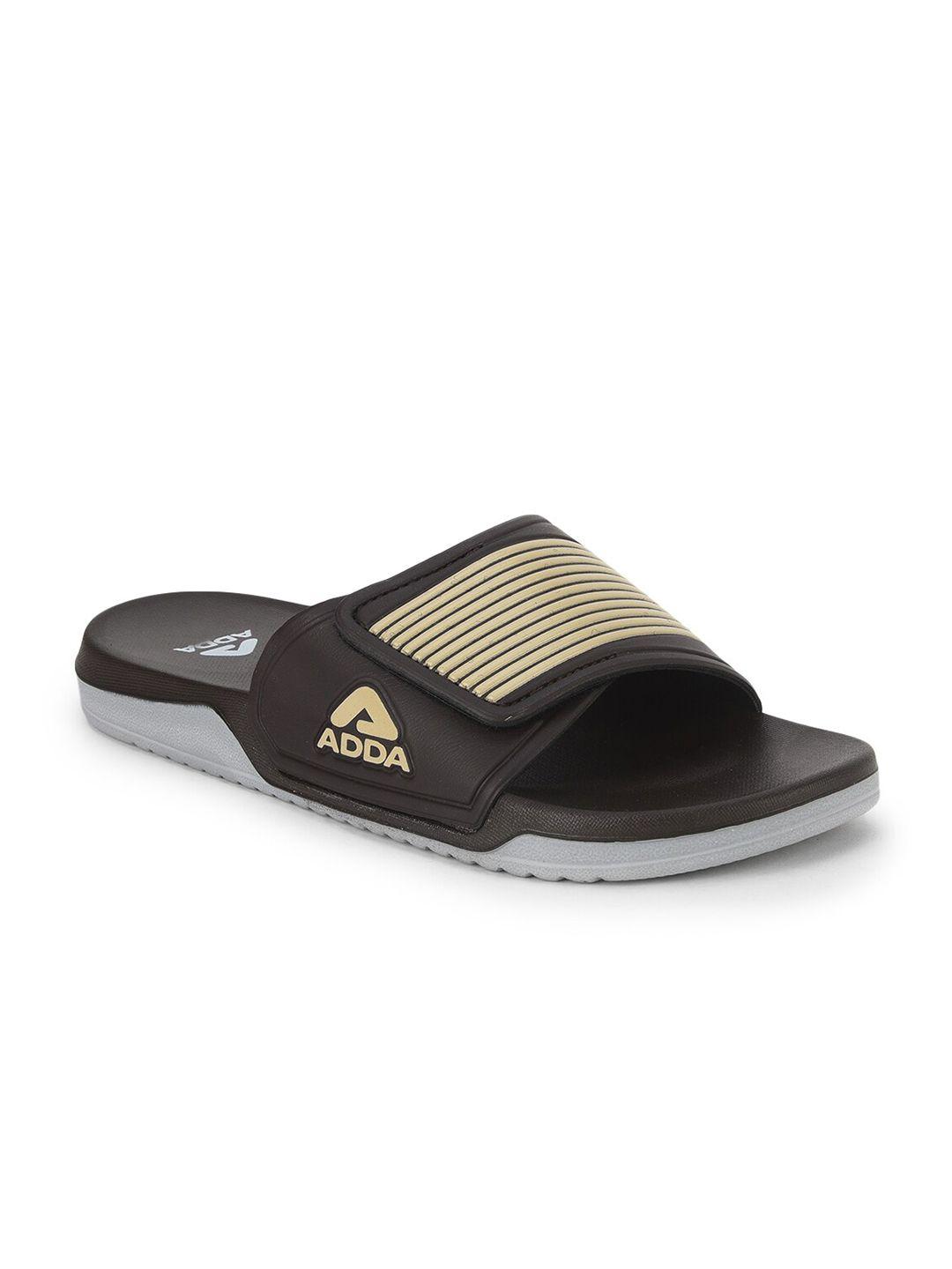 adda men brown & beige striped rubber sliders