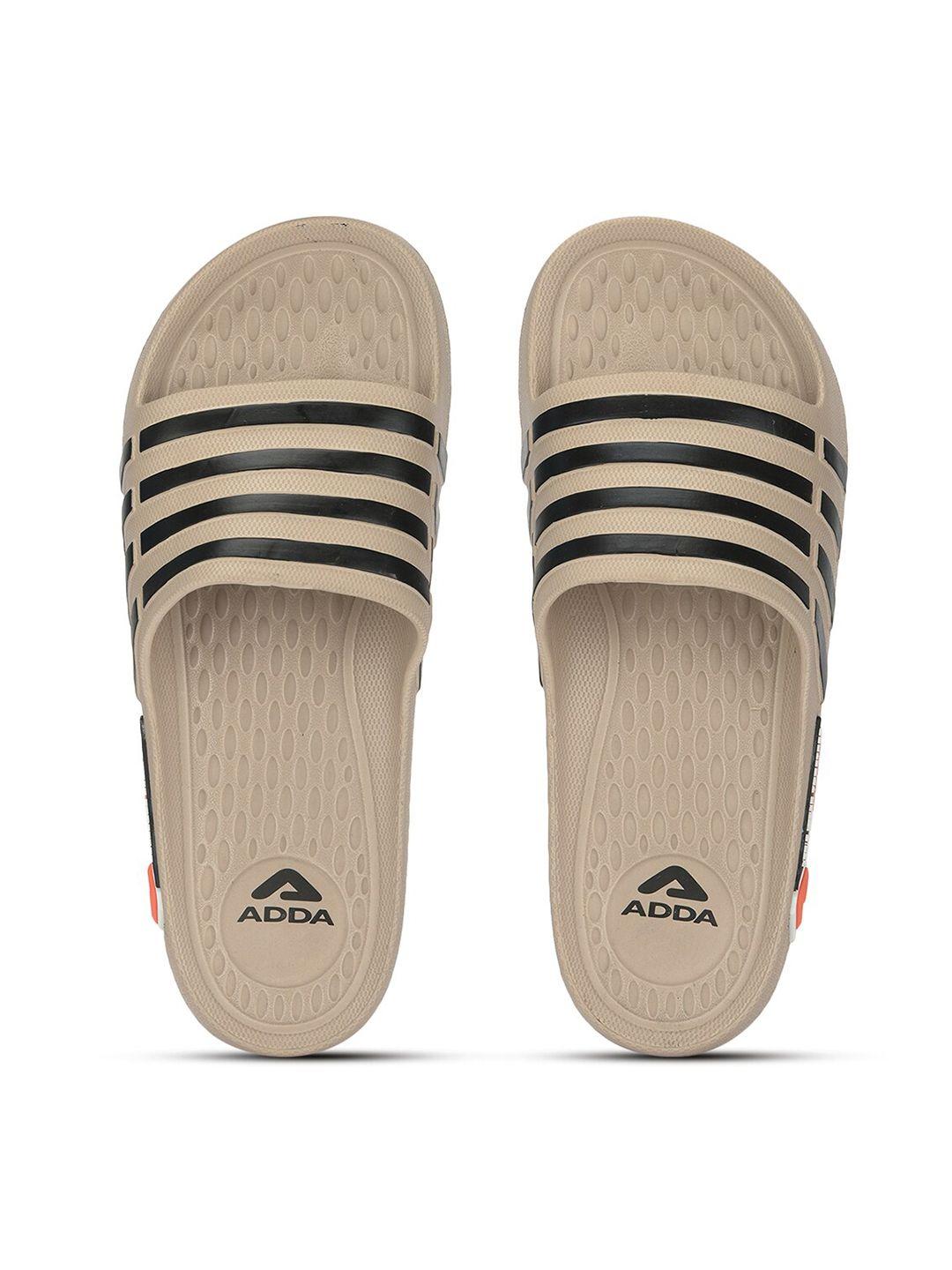 adda men beige & black striped rubber sliders