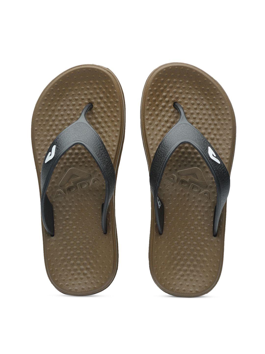 adda men black & olive brown solid thong flip-flops