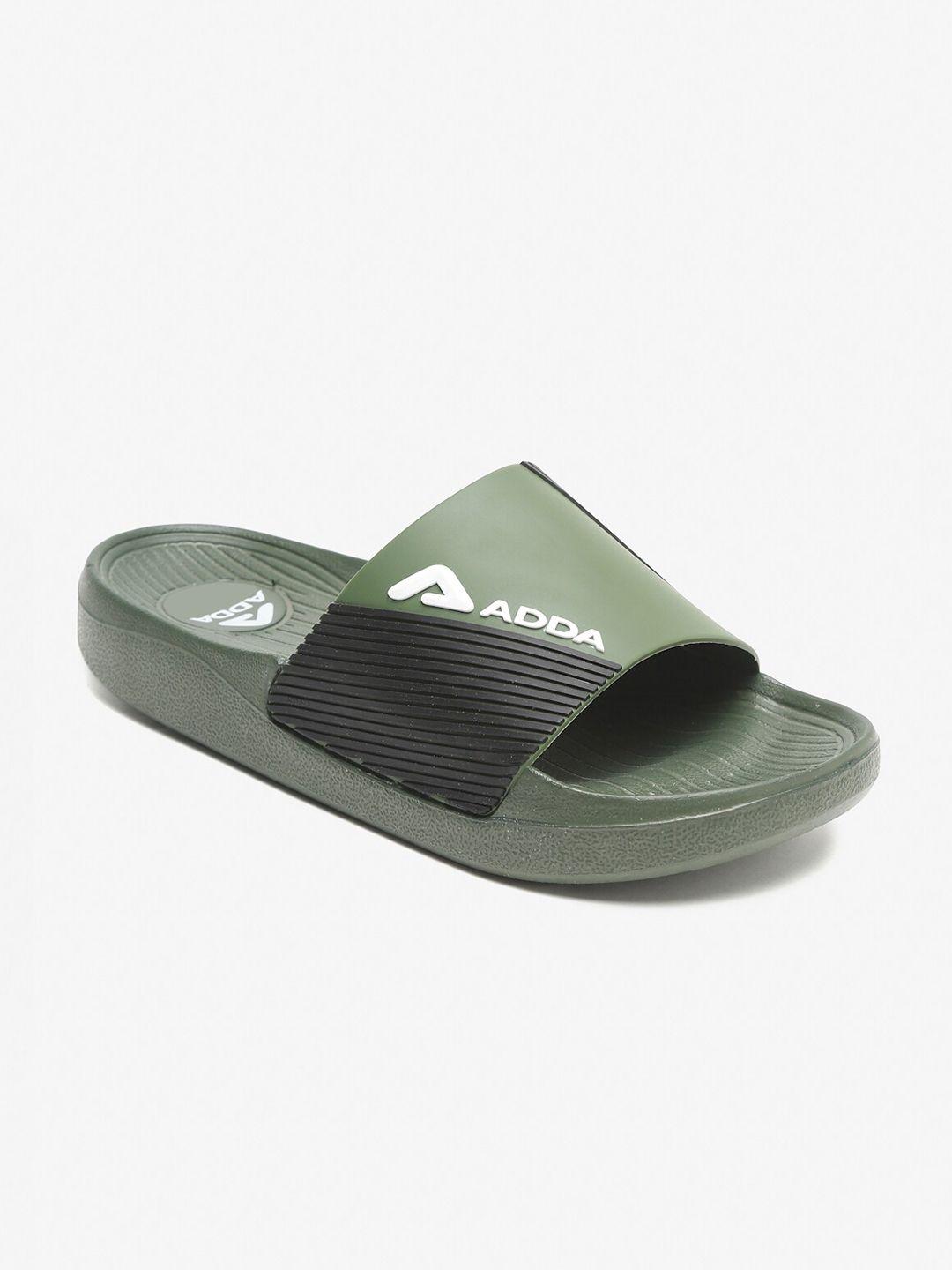 adda men olive green & black colourblocked rubber sliders