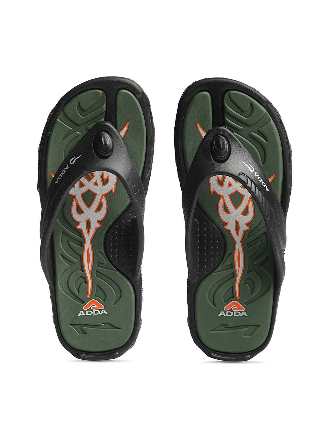 adda men olive green & black printed rubber thong flip-flops