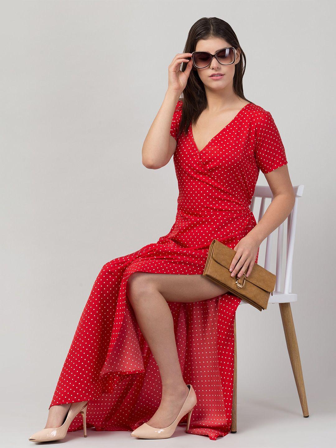 addicted attire polka dot print v-neck short sleeves maxi slip dress