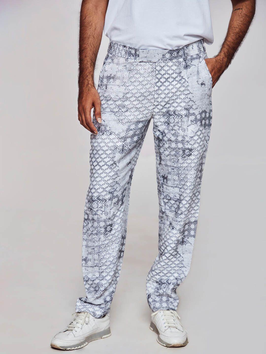 addy's for men abstract printed mid rise plain linen trousers
