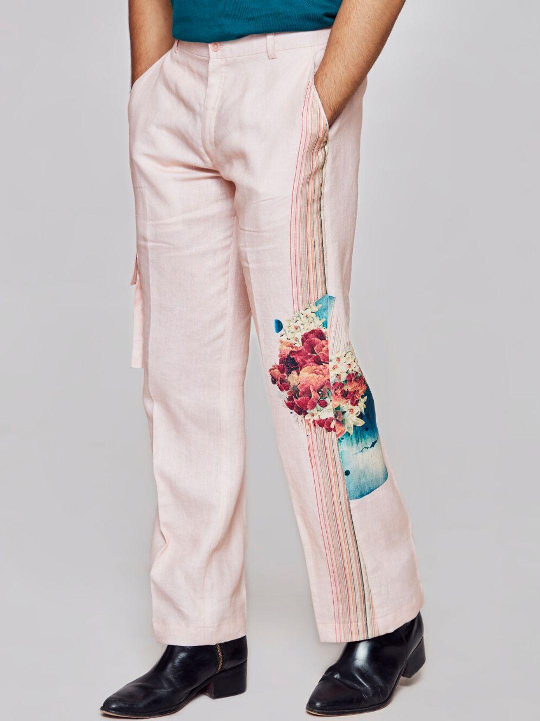 addy's for men floral printed mid rise plain linen trousers