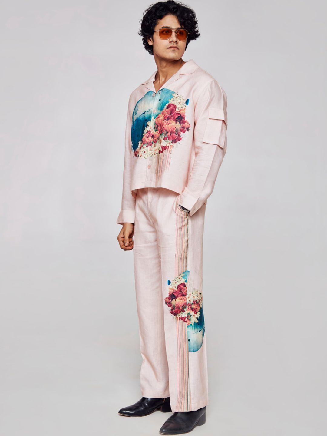 addy's for men men peach-coloured floral bomber with embroidered jacket