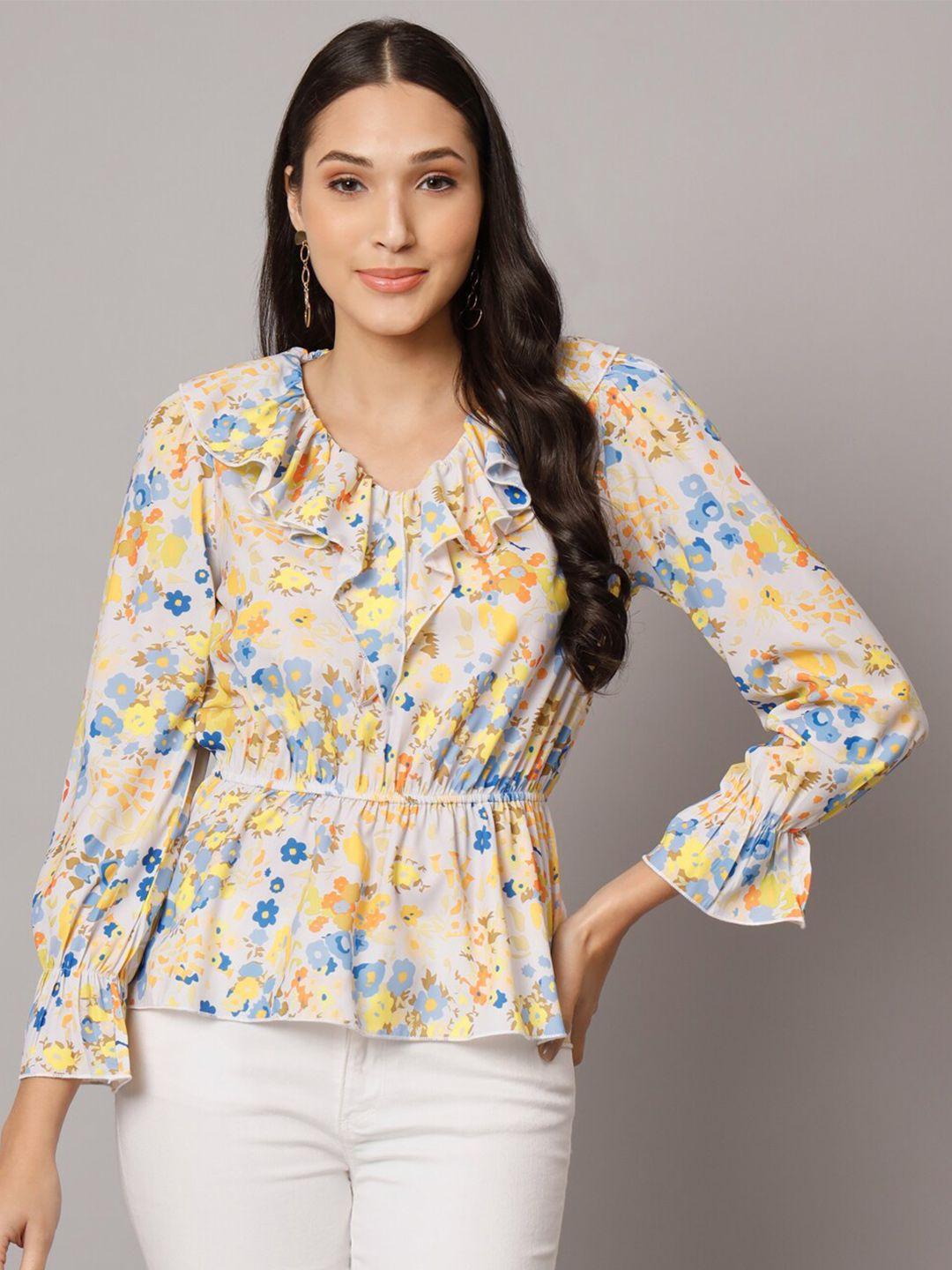 addyvero floral printed bell sleeve ruffles cinched waist top
