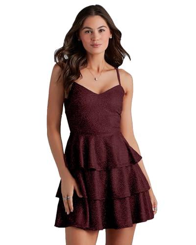 addyvero v-neck shoulder straps sleeve glam glitter ruffled tiered fit above knee length women solid fit and flare dress (maroon, l)