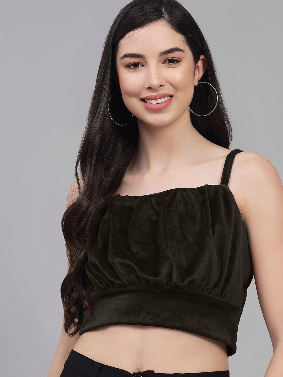 addyvero women green velvet blouson crop top