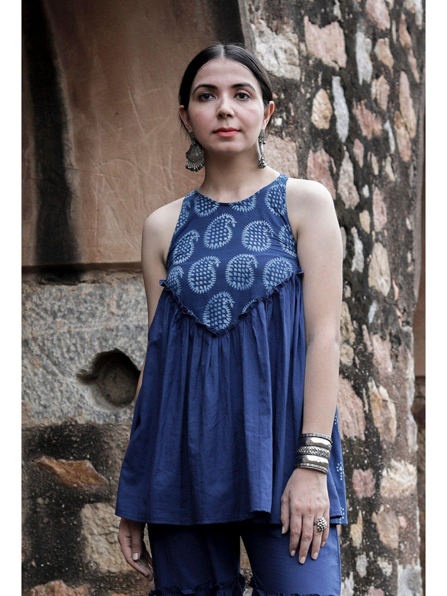 adhira indigo paisley & buti printed yoke gathered tiered short kurti