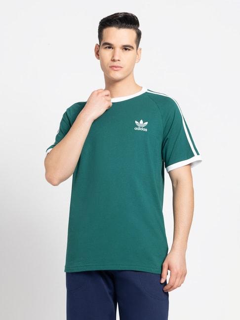 adidas originals green regular fit 3 striped cotton t-shirt