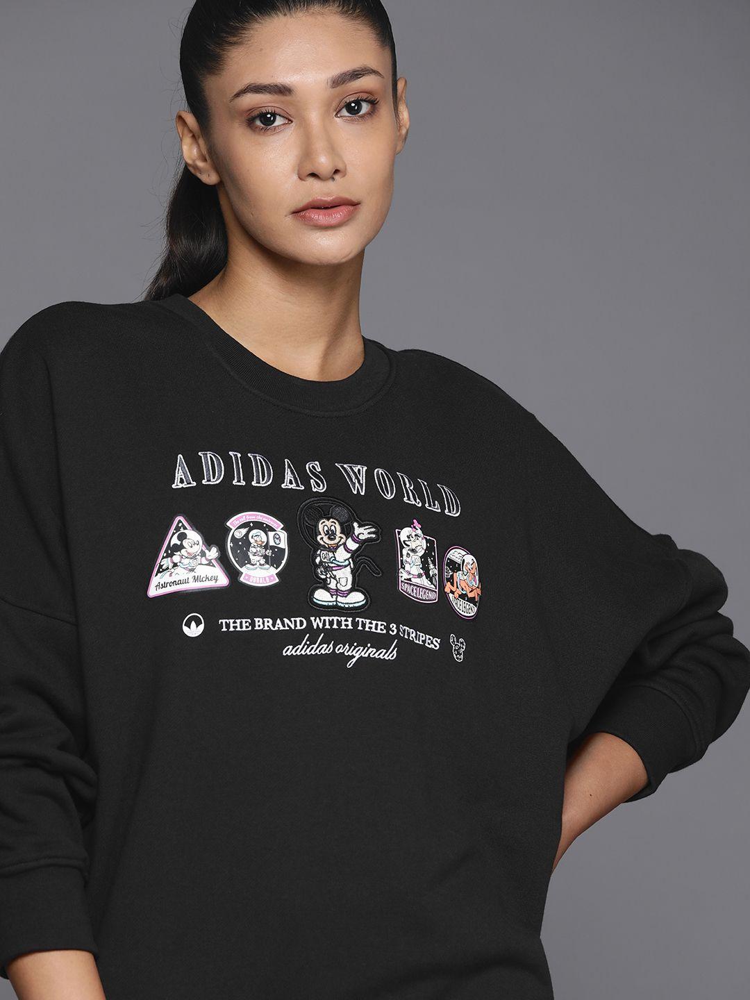 adidas originals women black disney mickey & friends printed pure cotton sweatshirt