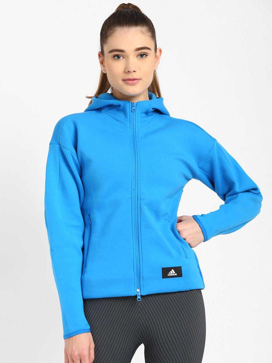 adidas women blue  solid cotton sports jacket