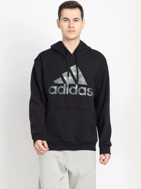 adidas black cotton regular fit logo printed hooded jacket