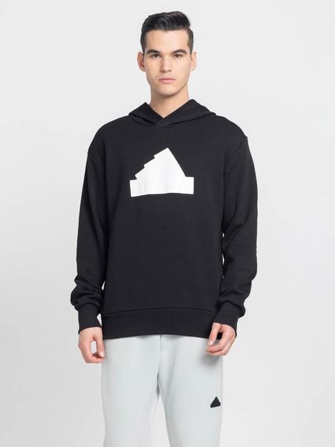 adidas black cotton regular fit printed hooded sweatshirt