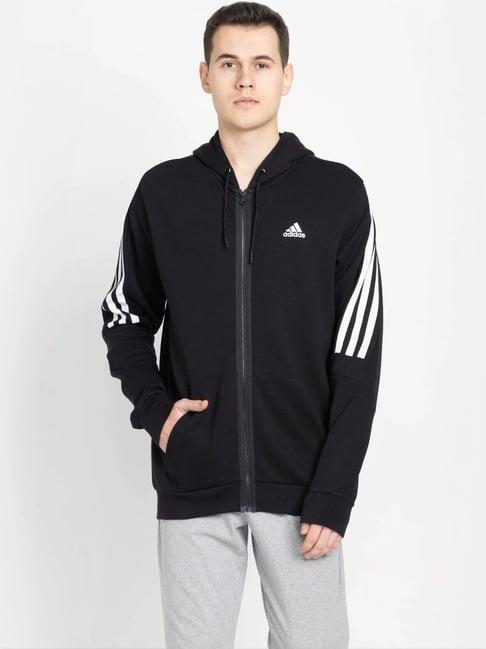 adidas black cotton regular fit striped hooded jacket