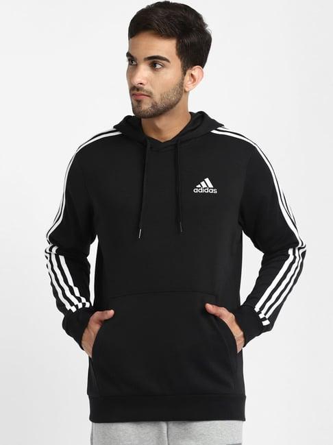 adidas black cotton regular fit striped hooded sweatshirts