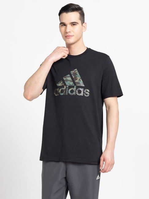 adidas black regular fit camo print cotton crew t-shirt