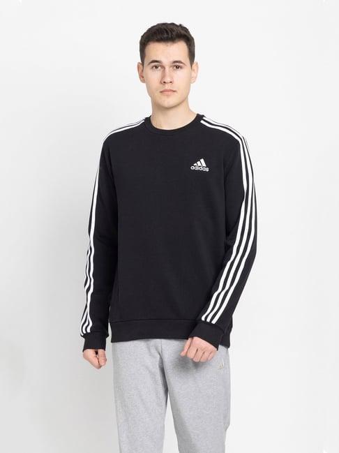 adidas black regular fit full sleeves striped sweatshirt