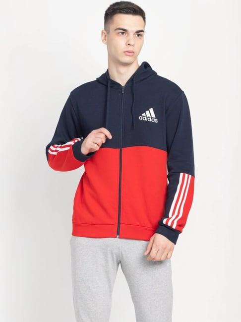 adidas blue cotton regular fit colour block hooded jacket