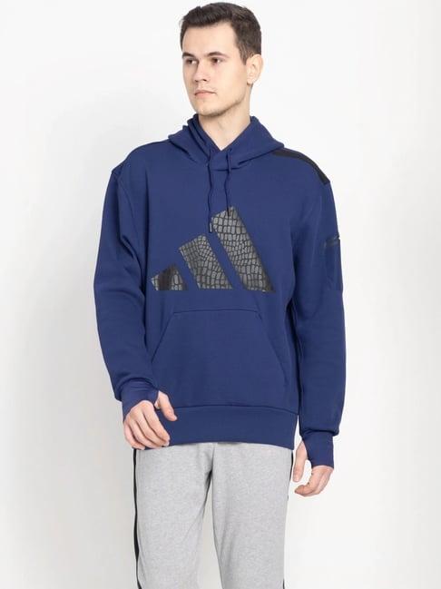 adidas blue cotton regular fit logo printed hooded jacket