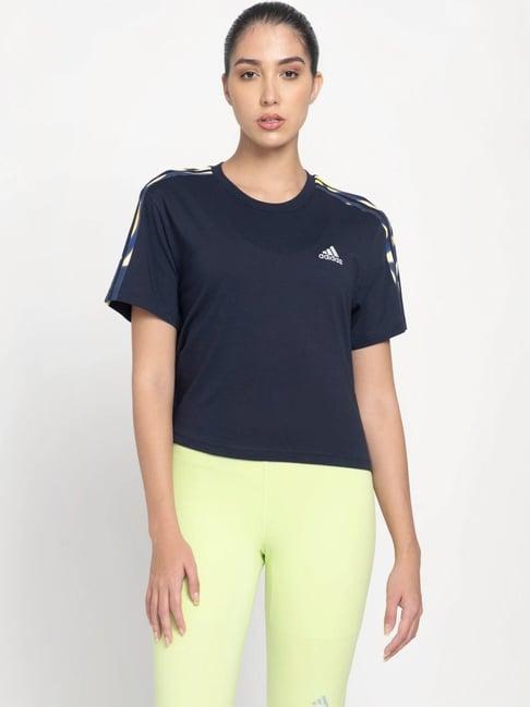 adidas blue cotton striped sports t-shirt