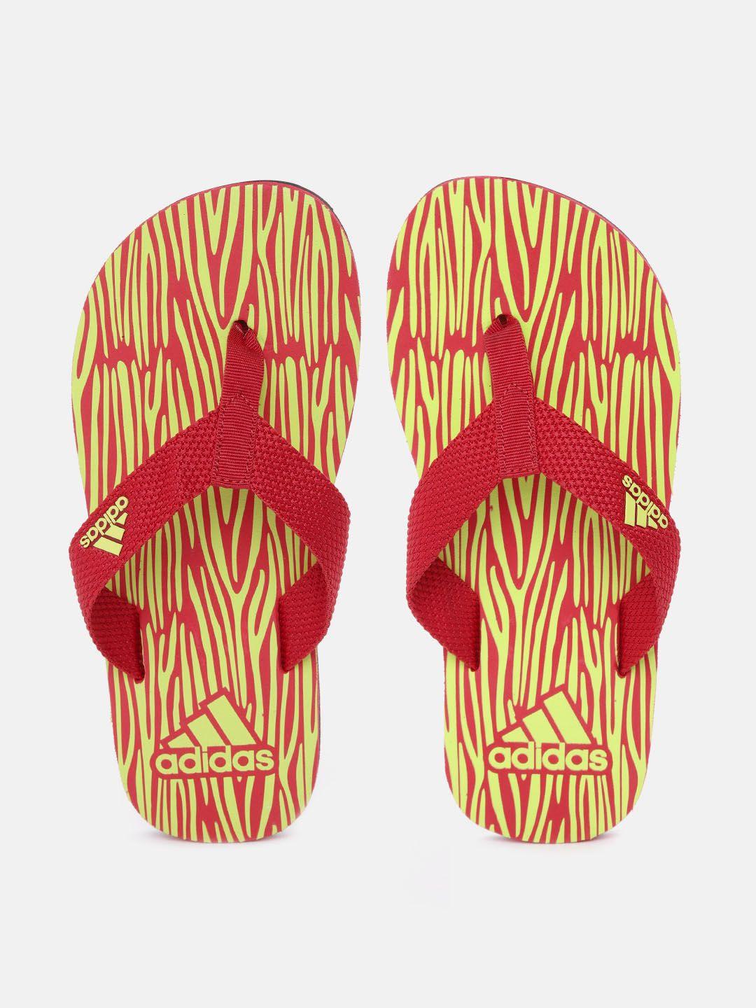adidas boys red & fluorescent green abstract printed thong flip-flops