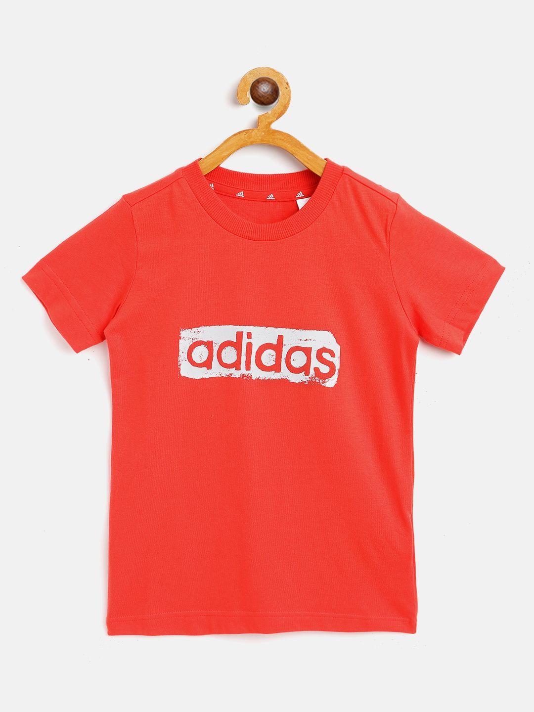 adidas boys red & white brand logo print g t2 round neck cotton sustainable t-shirt