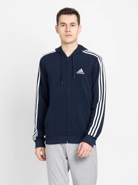 adidas dark blue regular fit striped sports hoodie