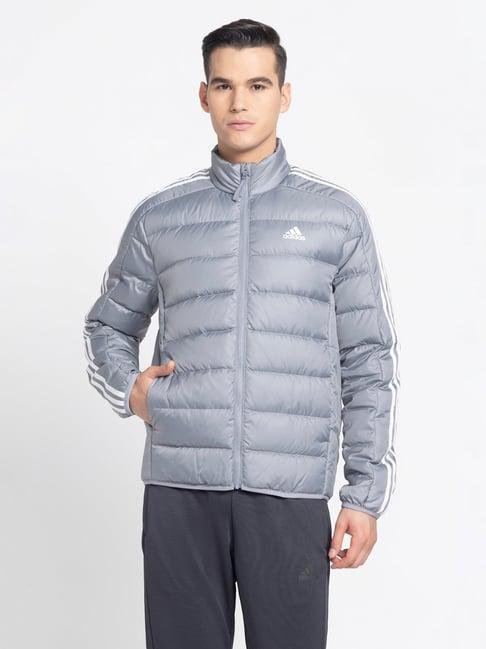 adidas essentails grey slim fit 3 striped sports jacket