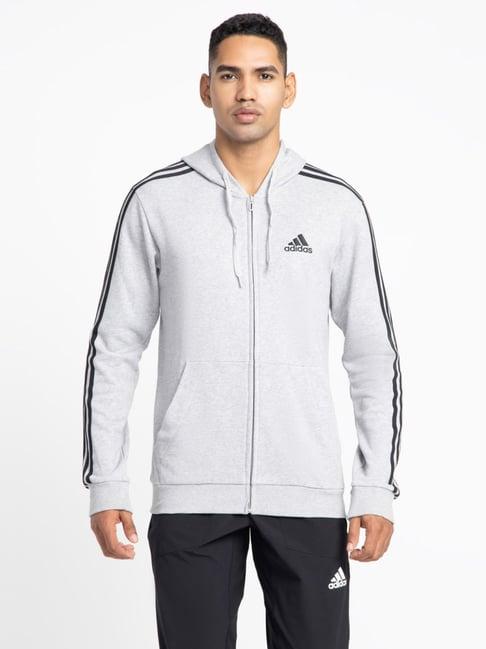 adidas grey cotton regular fit striped sports hoodie