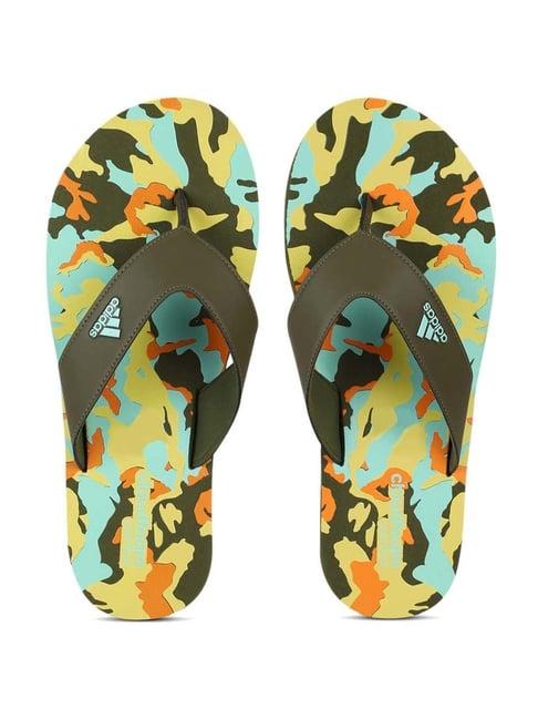 adidas men's cloudfoam green & blue flip flops