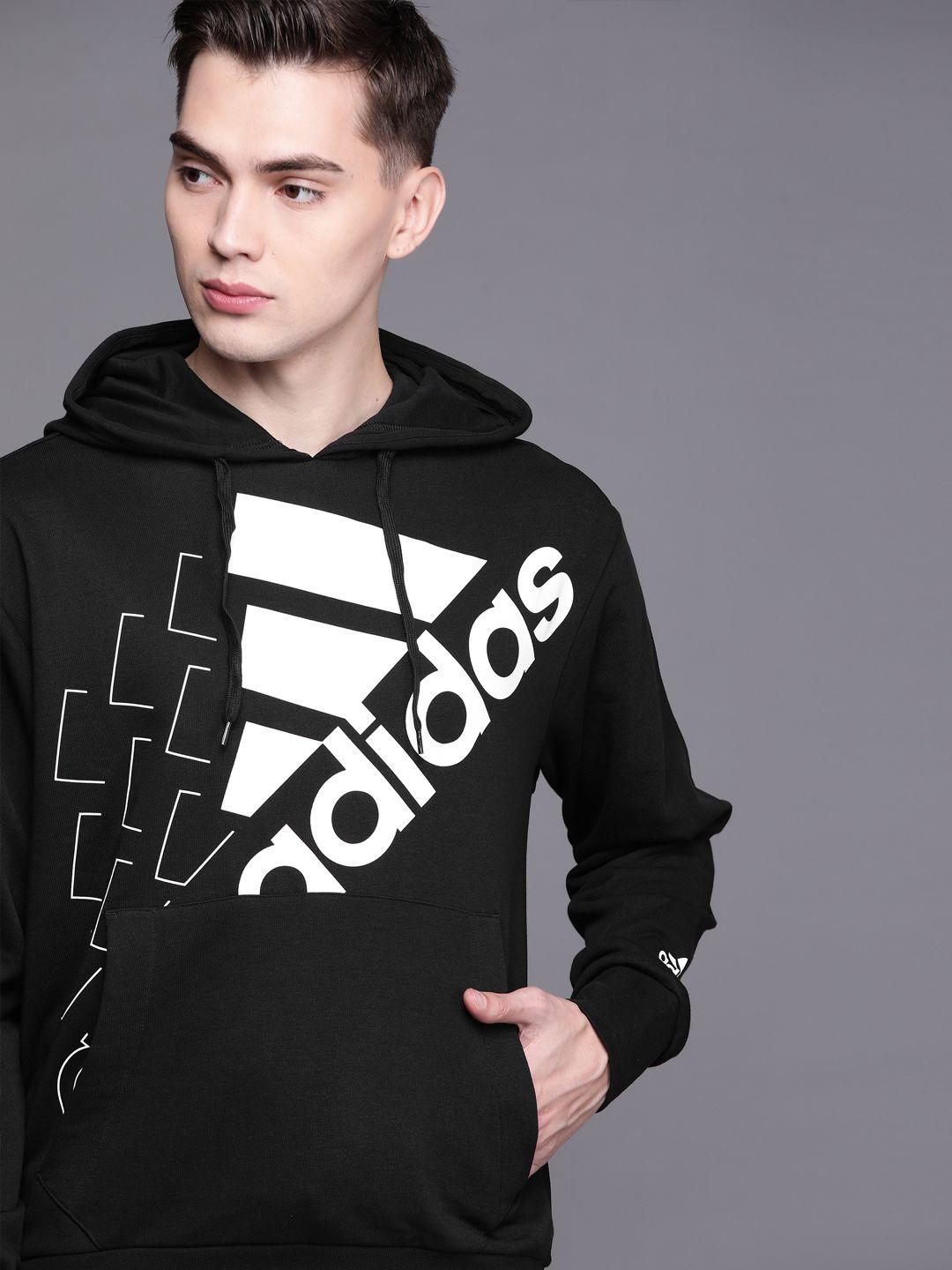 adidas men black & white unitefit q3 bluv brand logo print hooded sweatshirt