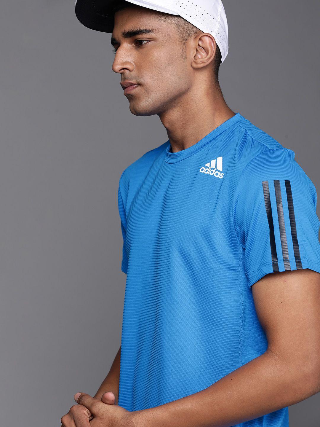 adidas men blue printed slim fit aeroready 3-stripes training or gym t-shirt
