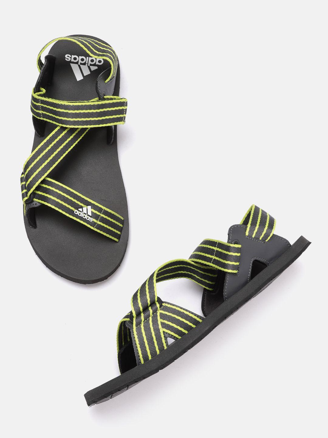 adidas men charcoal grey & fluroscent green striped sports sandals