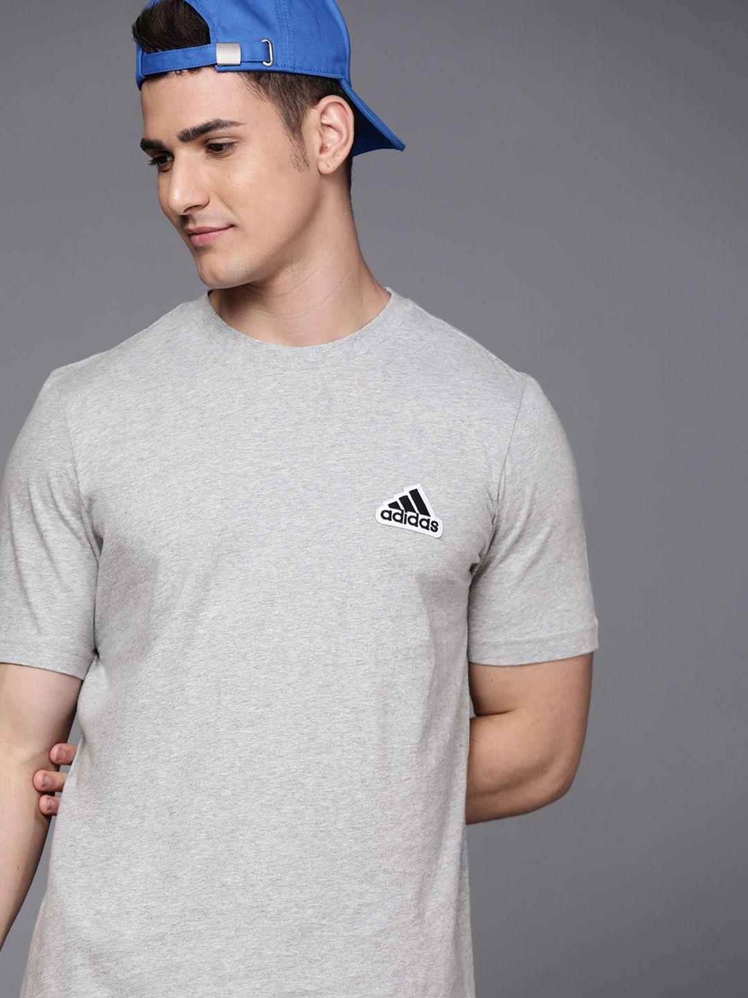 adidas men grey melange brand logo applique pure cotton sustainable t-shirt