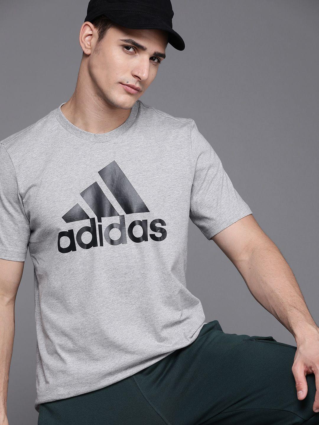 adidas men grey melange brand logo printed pure cotton sustainable t-shirt