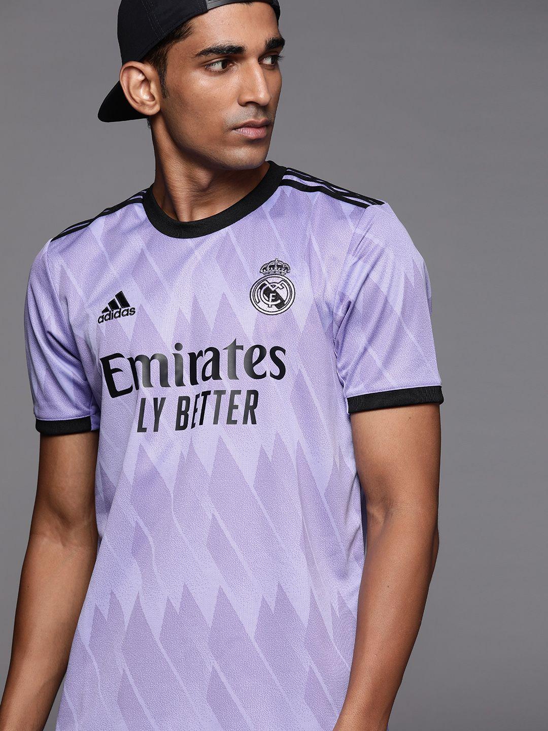 adidas men lavender & black brand logo printed real madrid 22/23 away t-shirt