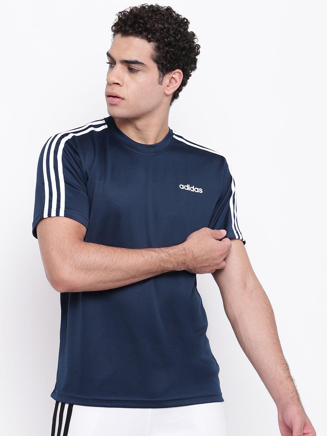 adidas men navy blue classic 3-stripes solid round neck sustainable t-shirt