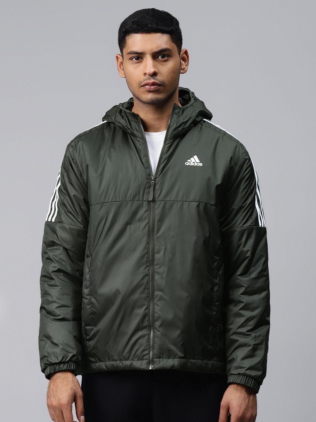 adidas men olive green 3-stripes hooded essential insulated outdoor sustainable jacket