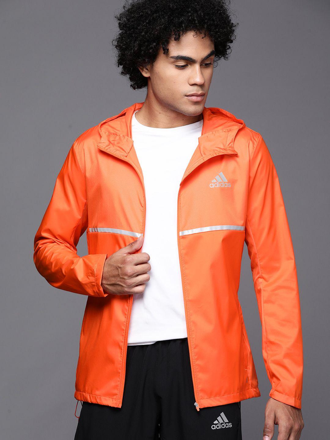 adidas men orange own the run brand logo hooded water repellent running sporty jacket