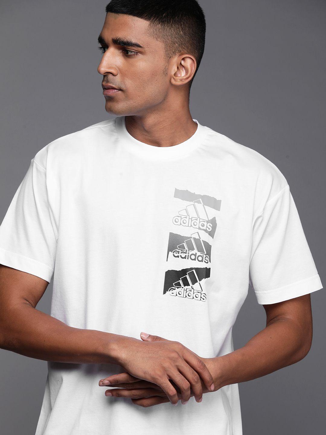 adidas men white & black brand logo printed drop-shoulder sleeves t-shirt