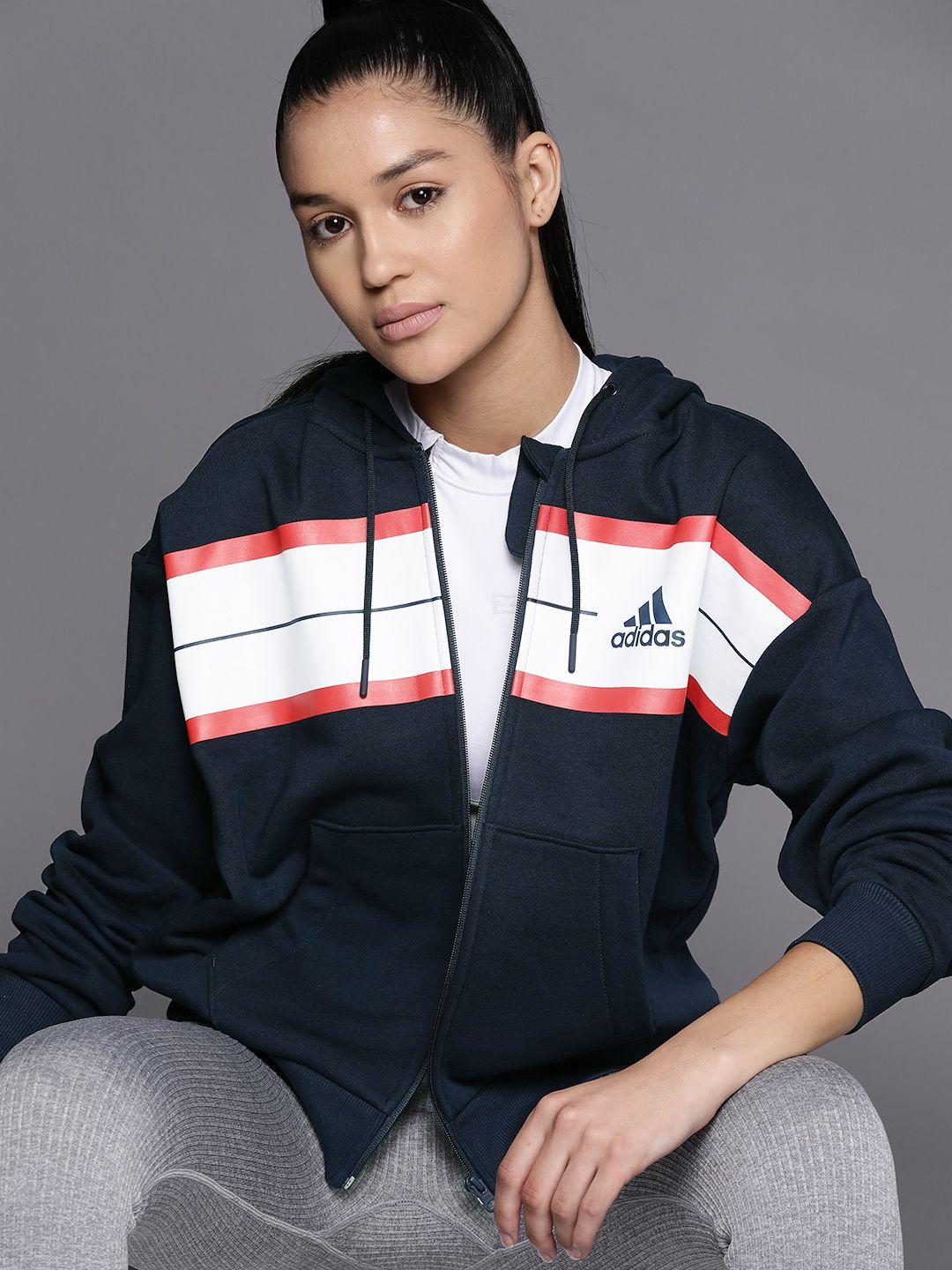adidas navy blue & white striped sustainable bluv q4 hooded loose fit sweatshirt