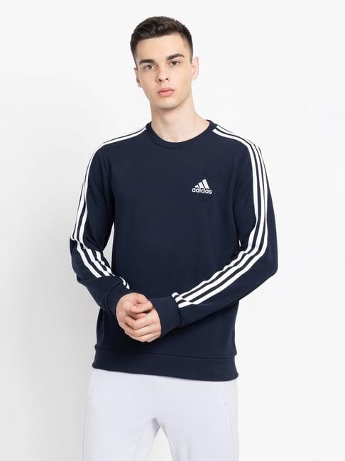 adidas navy regular fit round neck striped sweatshirt