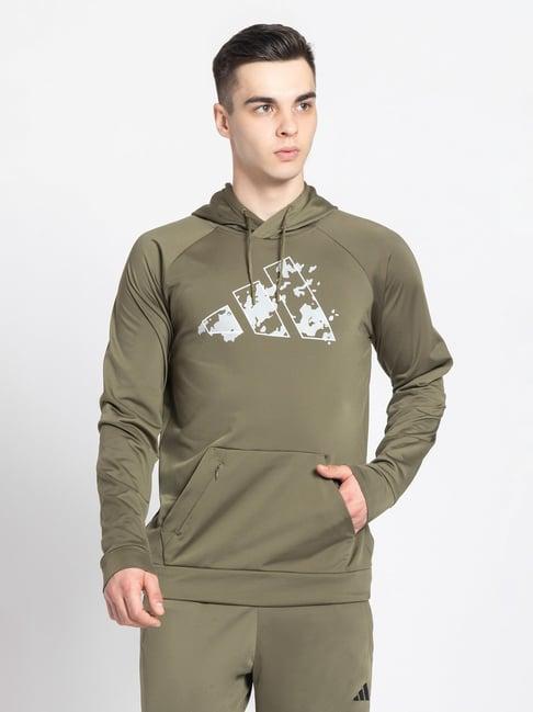 adidas olive regular fit logo print training hooded sweatshirt