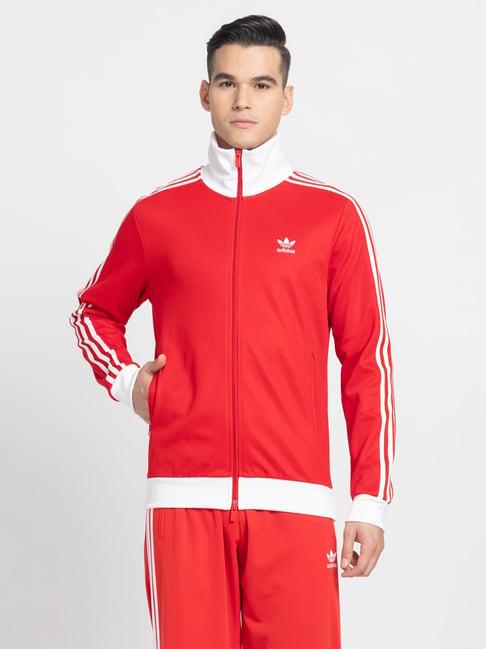 adidas originals beckenbauer better scarlet & white regular fit striped sweatshirt