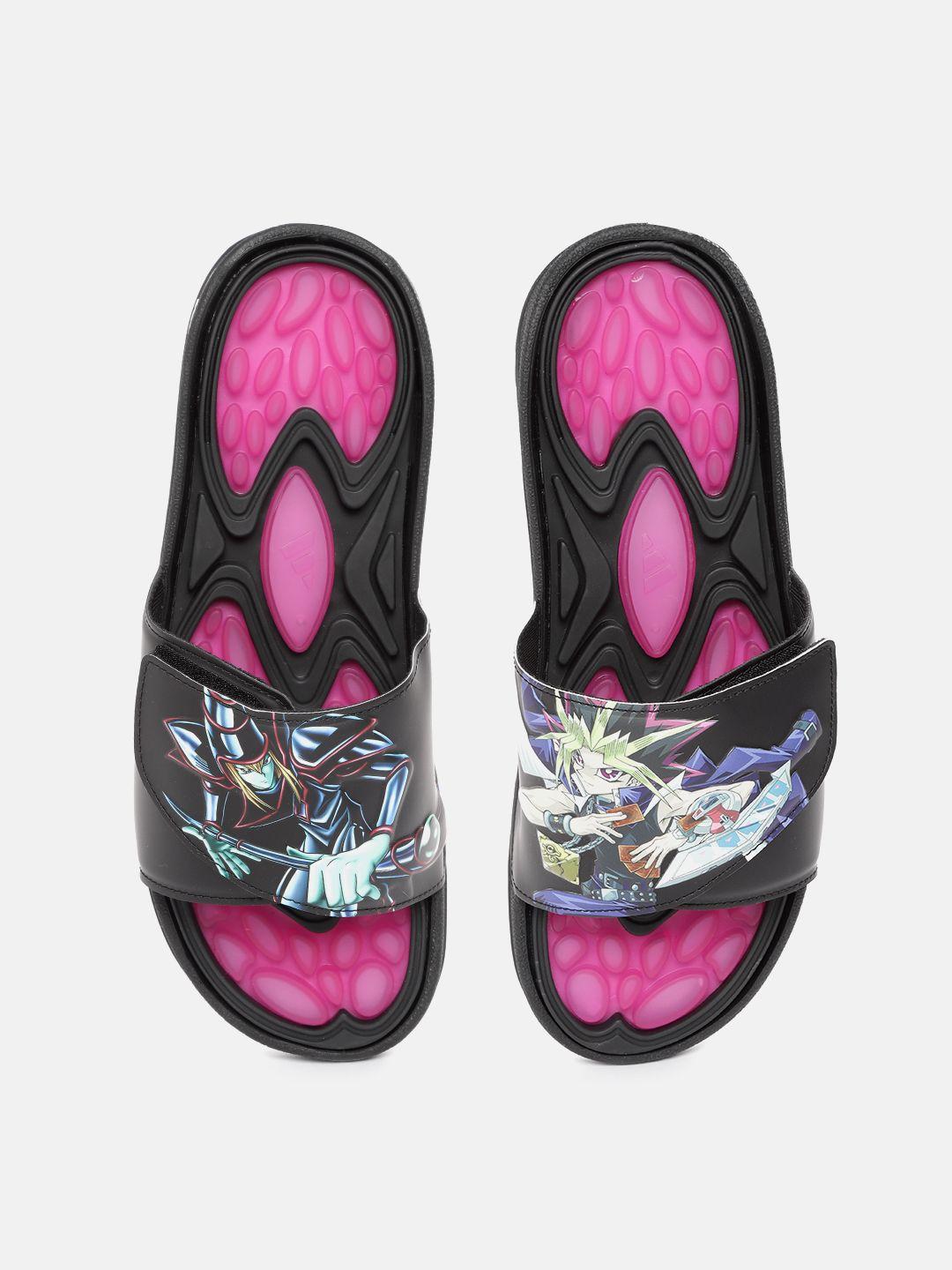 adidas originals men black & blue yu gi oh printed sliders