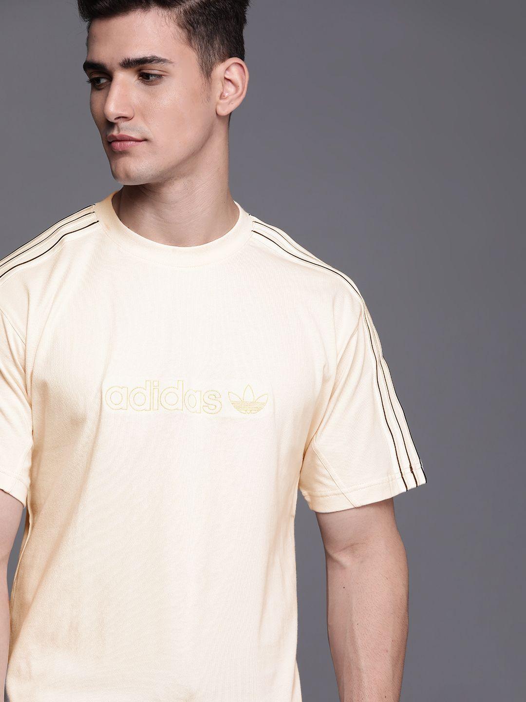 adidas originals men cream-coloured satin paneled regular fit brand logo sustainable t-shirt