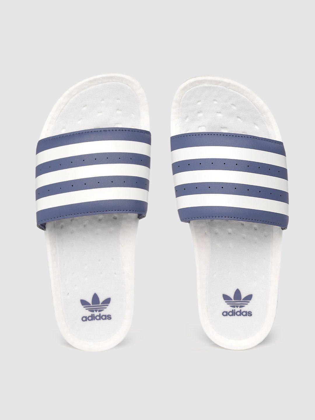 adidas originals men navy blue & white adilette boost striped sliders