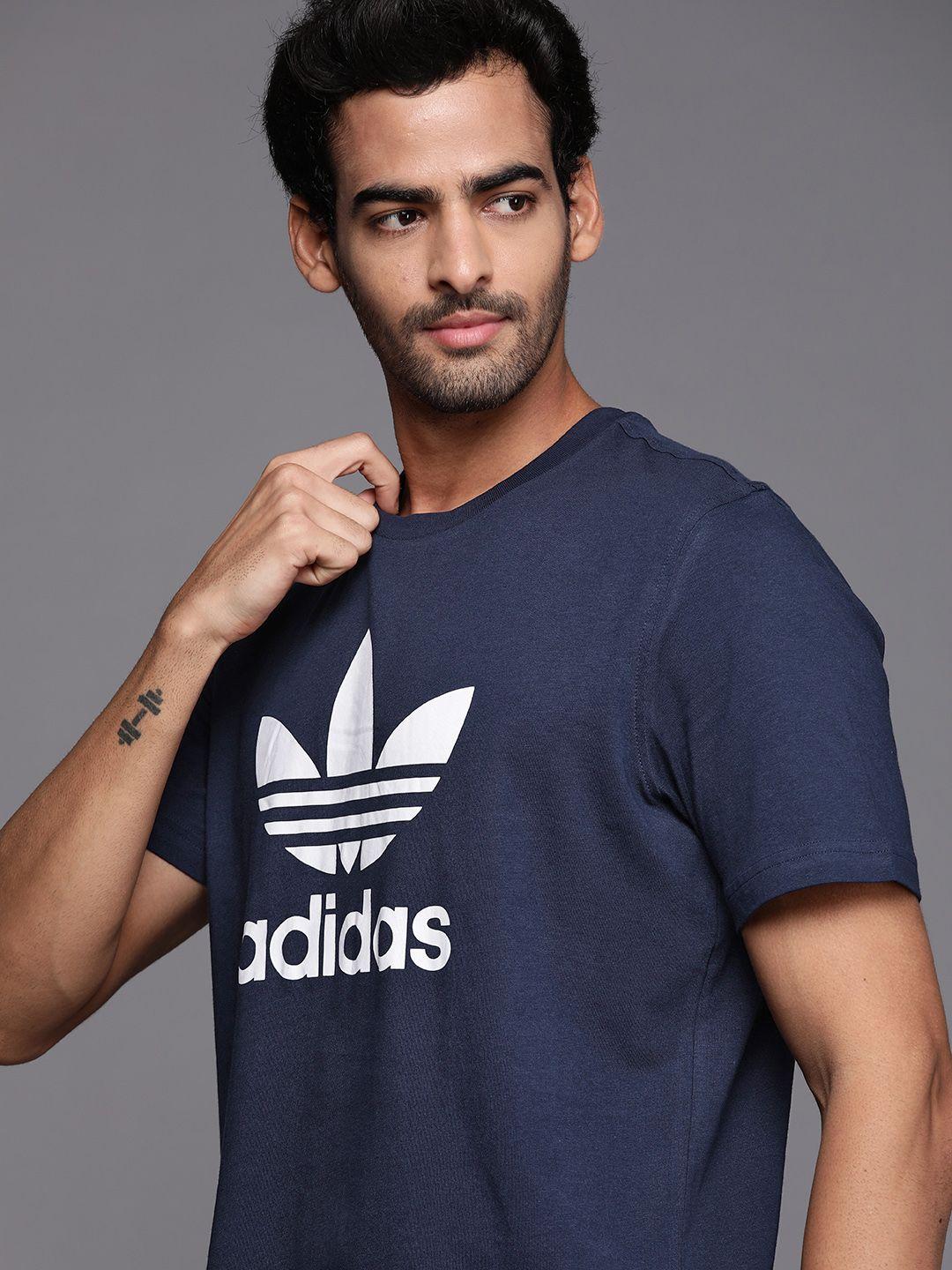 adidas originals men navy blue & white pure cotton trefoil brand logo print t-shirt